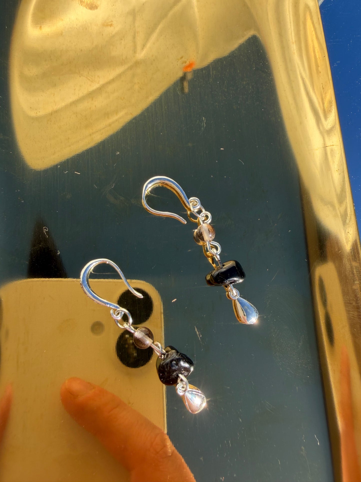 Sliver Smokey Quartz And Black Obsidian Earrings