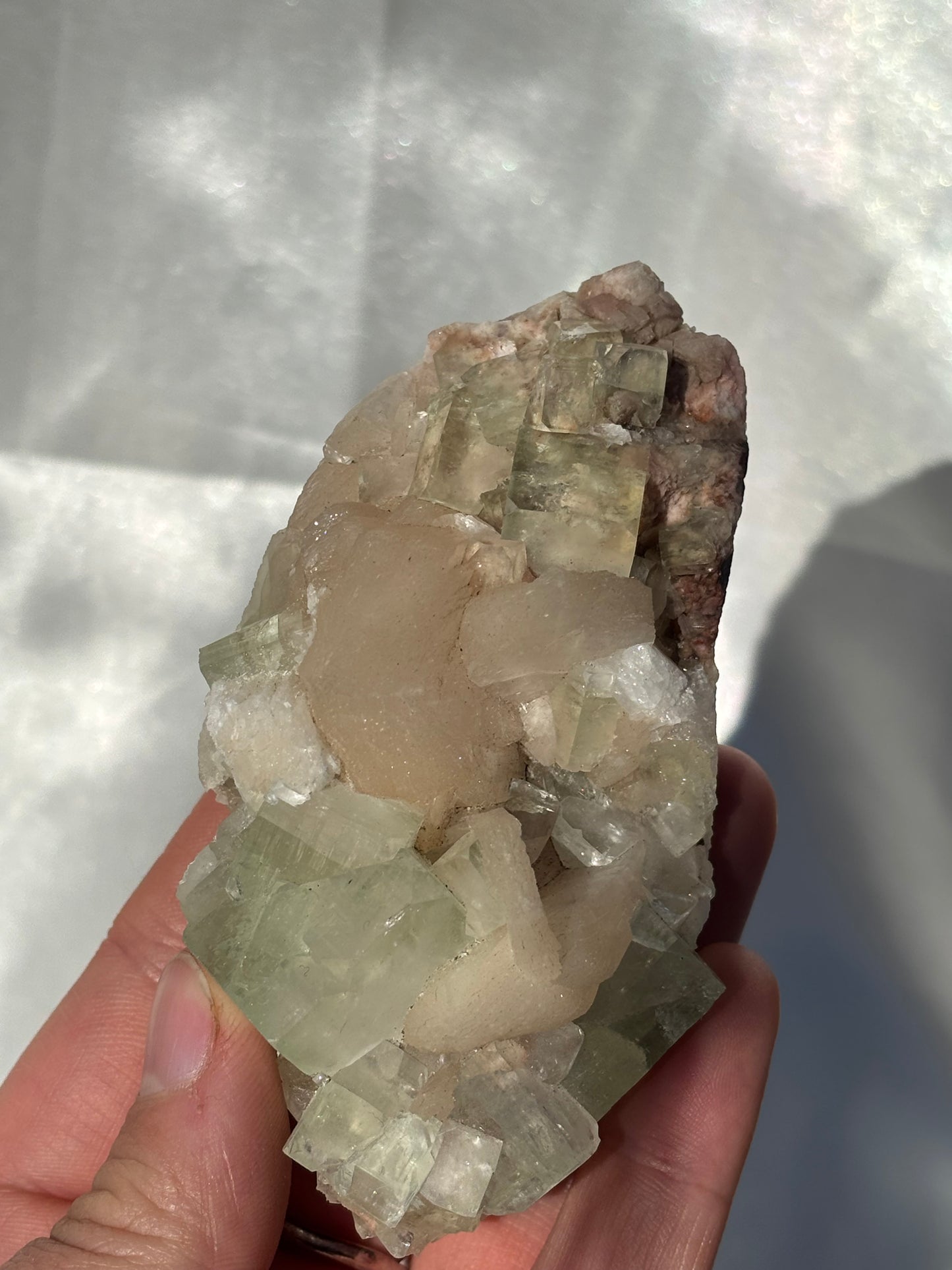 Green Apophyllite Cluster With Peach Stilbite