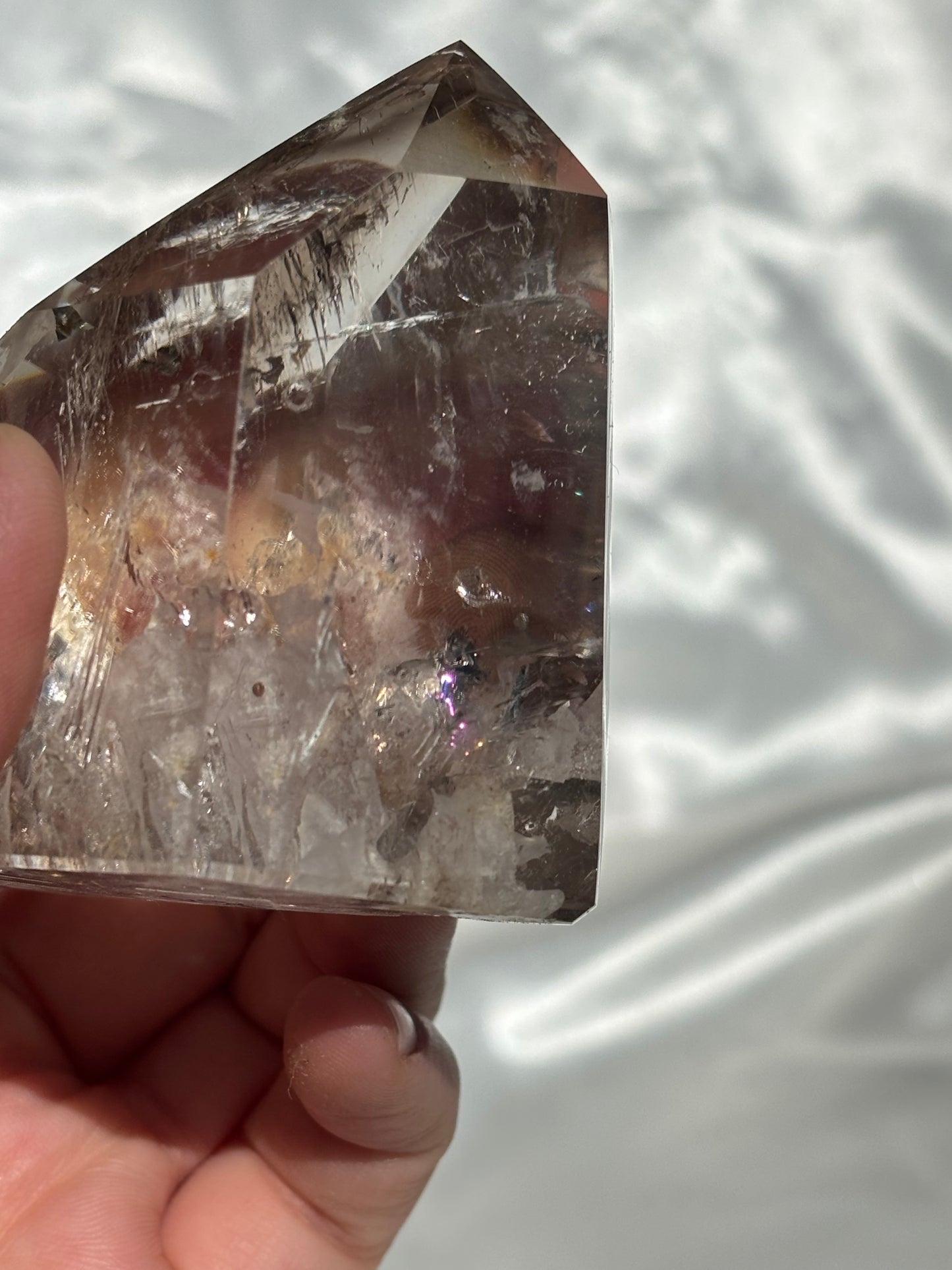 Included Quartz Tower With Smokey Quartz Phantoms And Rainbows