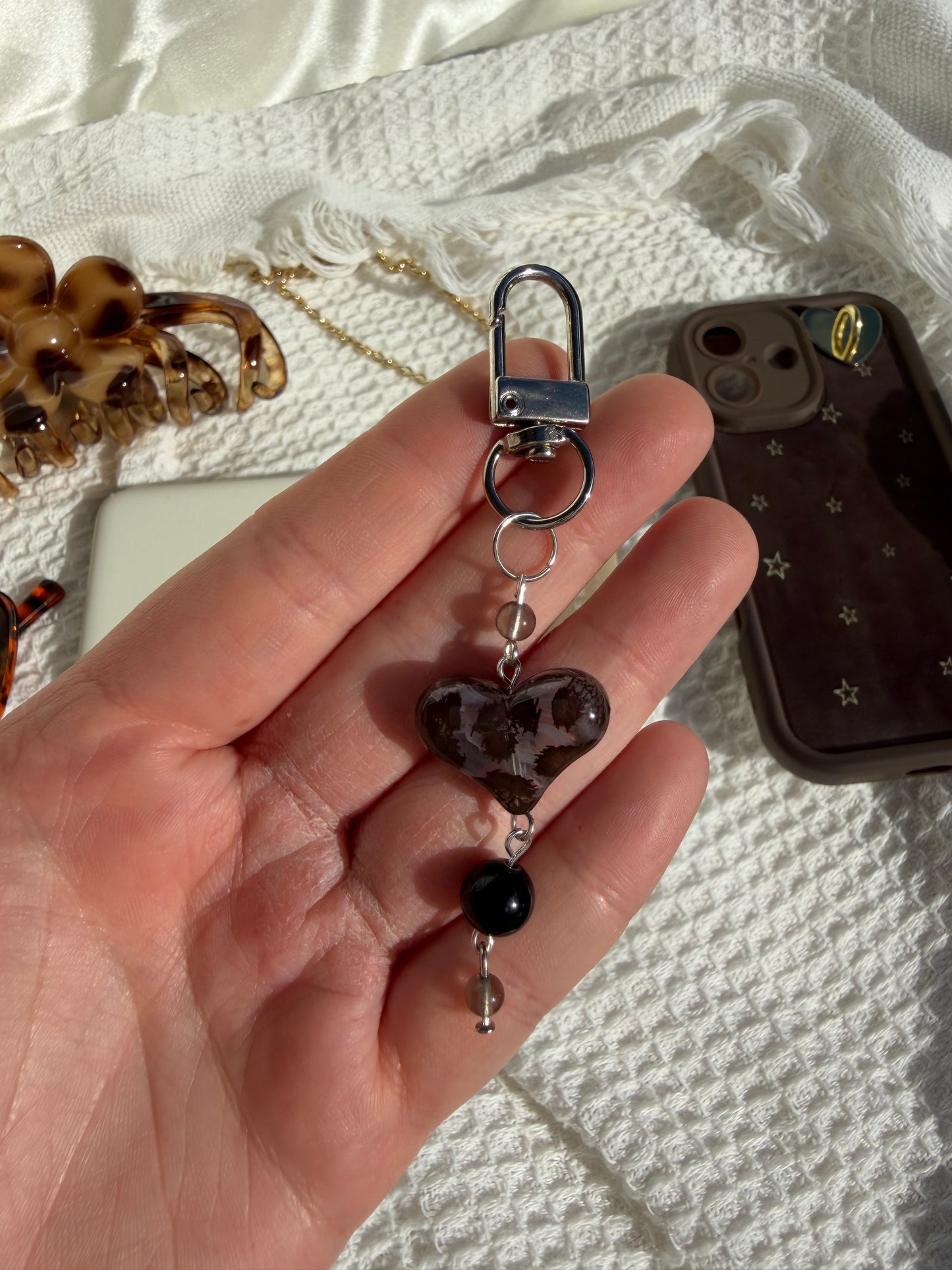 Sliver Mini Charm With Black Obsidian And Smokey Quartz (NINA)