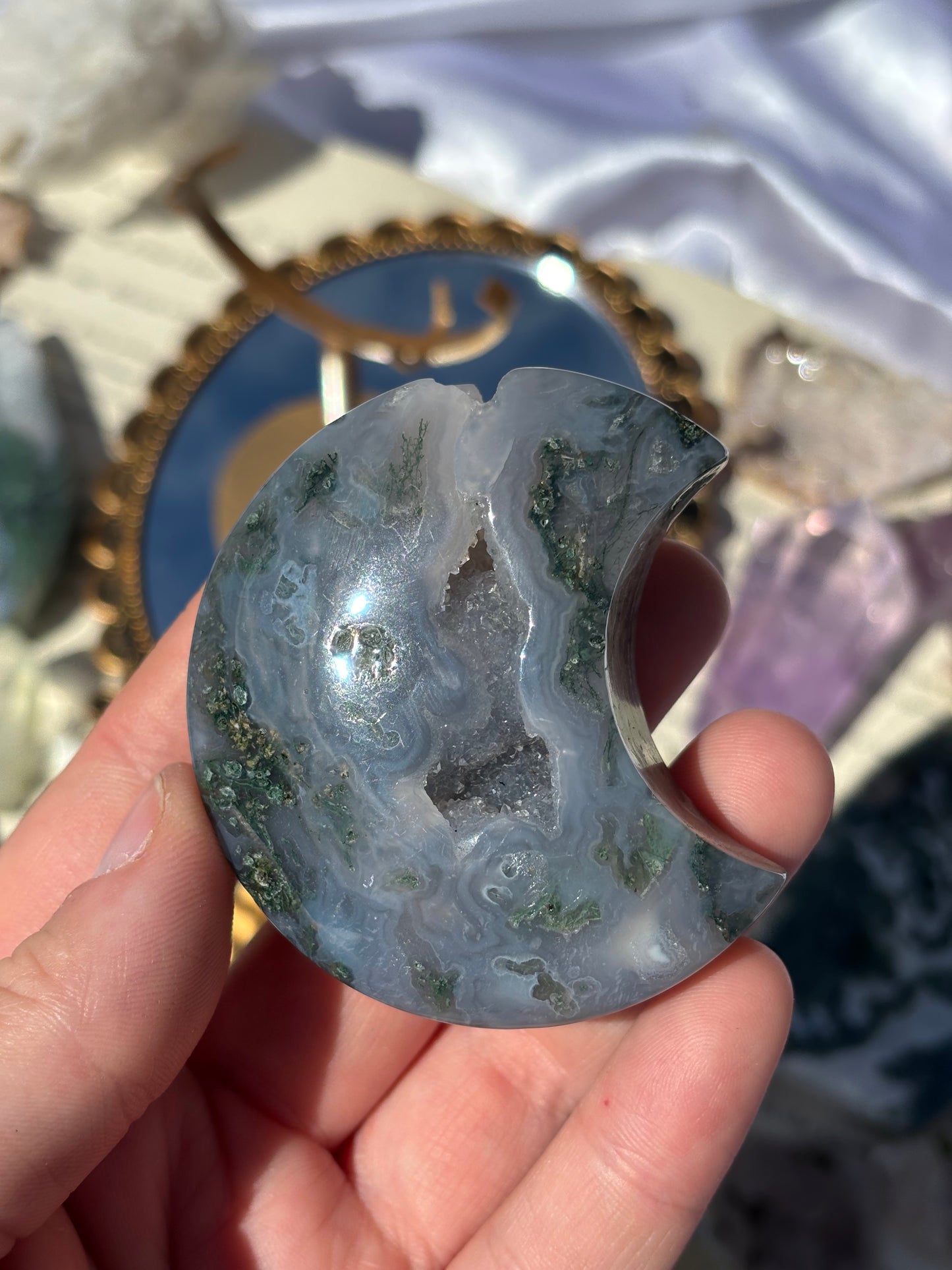 Druzy Moss Agate Moon On Stand