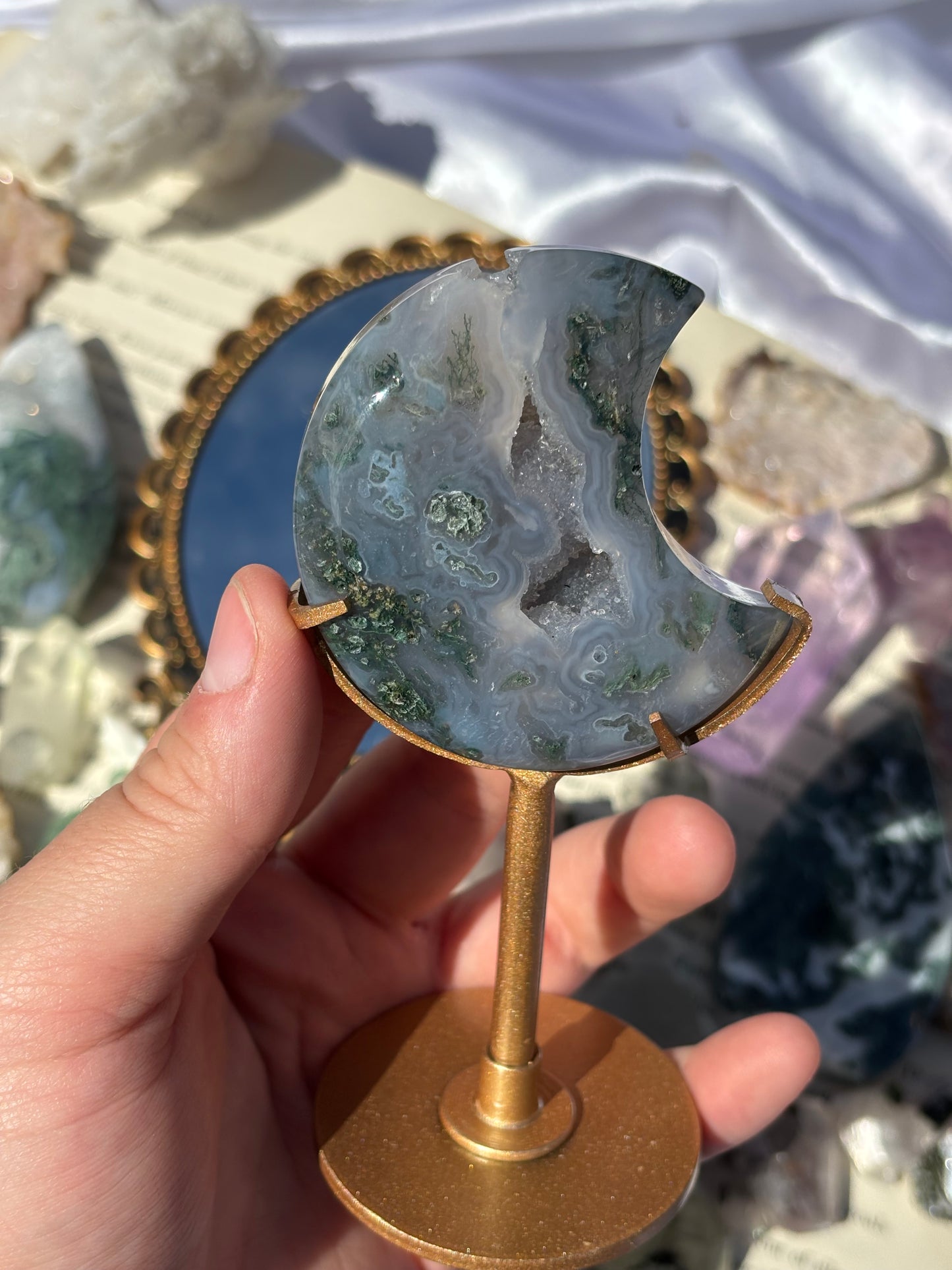 Druzy Moss Agate Moon On Stand