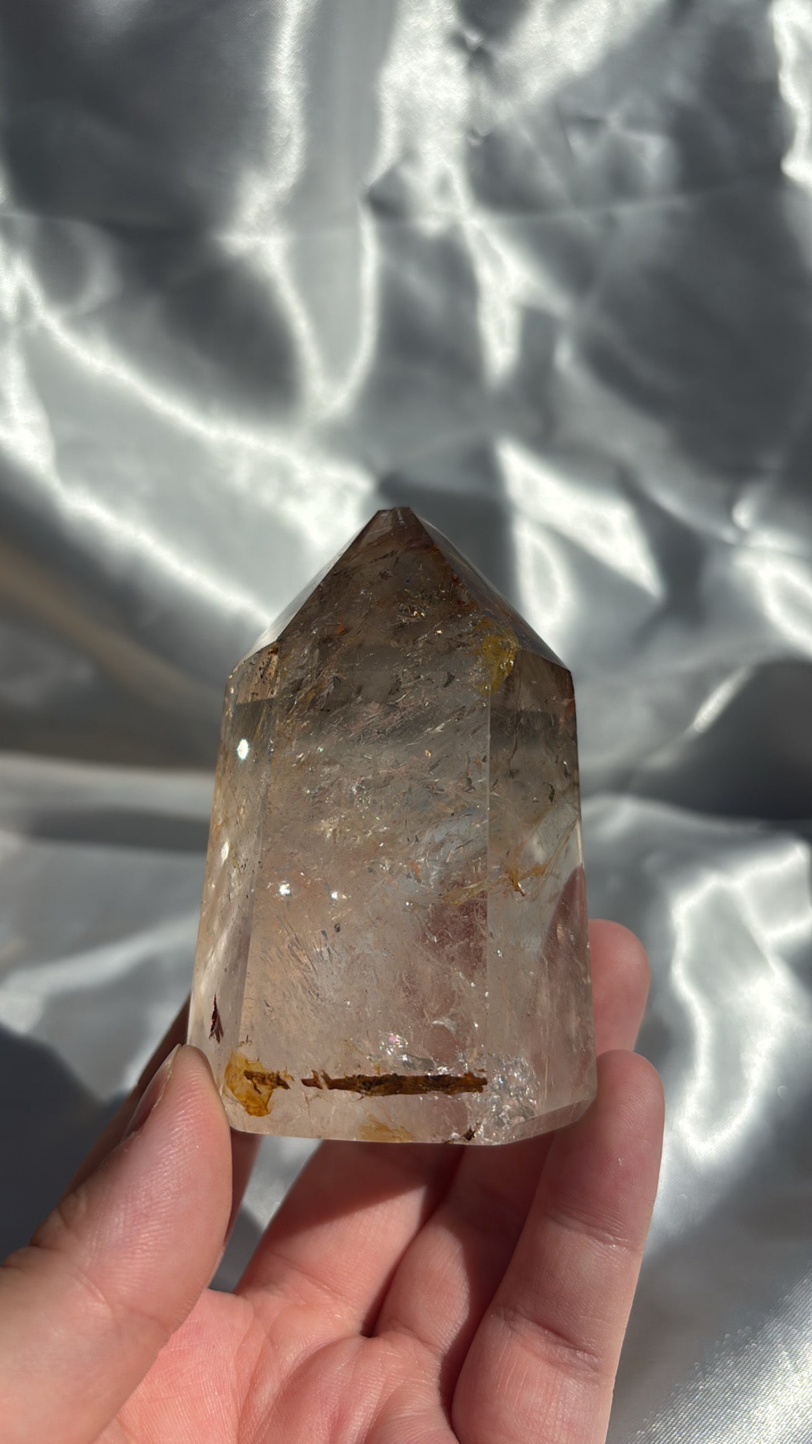 Clear Quartz Tower With Golden Healer And Smokey Quartz Inclusions (Discounted Due to Chipped Tip)