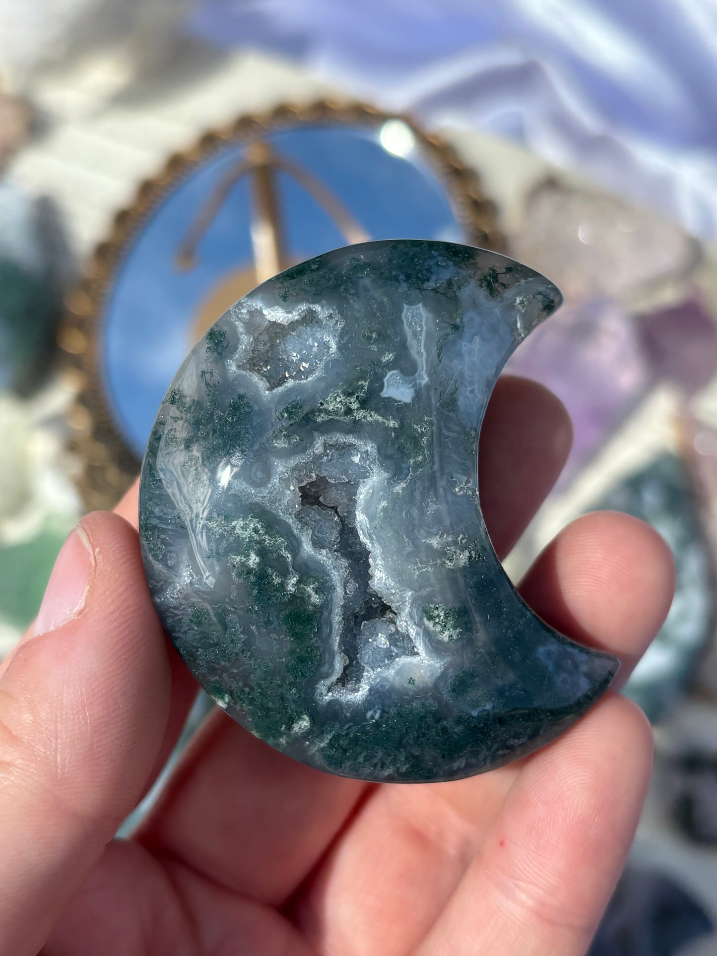 Druzy Moss Agate Moon On Stand