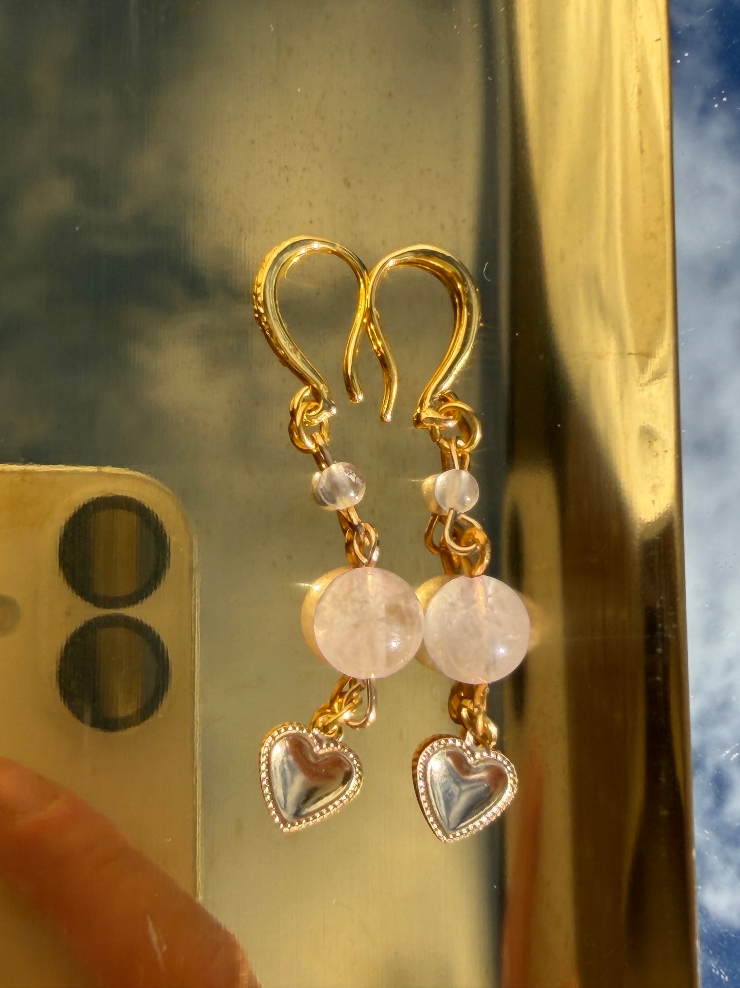Gold Rose Quartz And Clear Quartz Earrings
