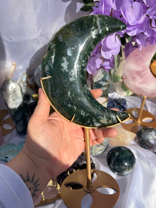 STATEMENT Moss Agate Moon On Stand