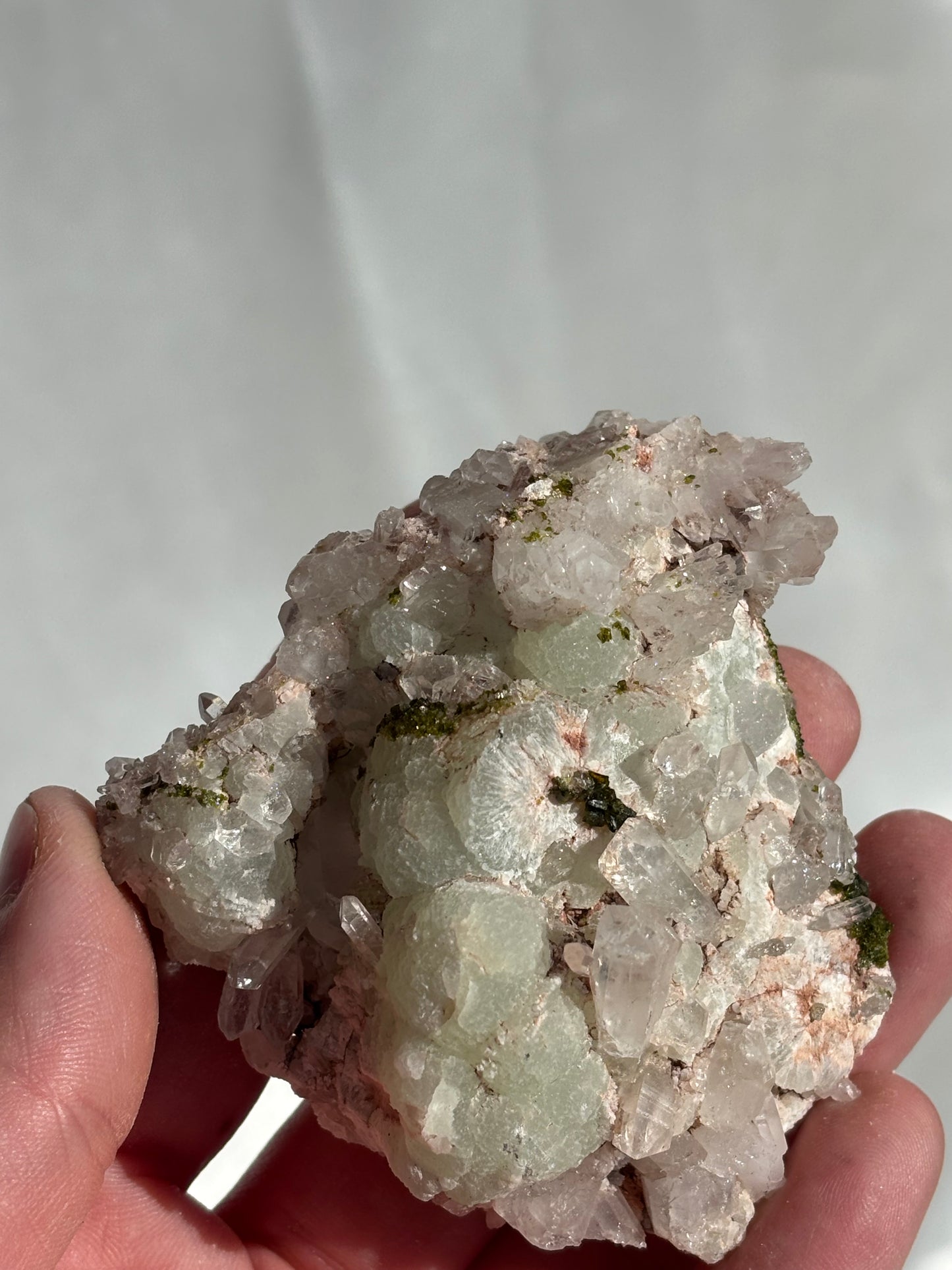Prehnite And Epidote On Quartz Cluster