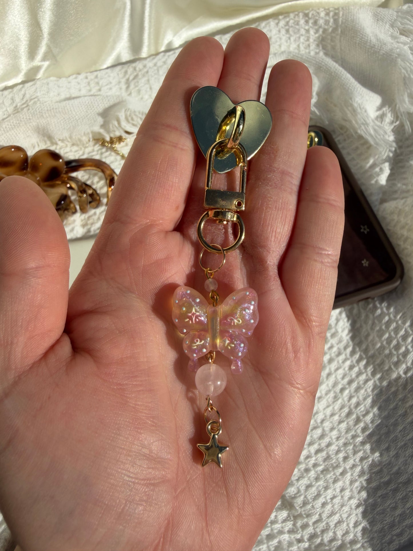 Pink Mini Gold Charm Accessory With Rose And Clear Quartz (MAIA)