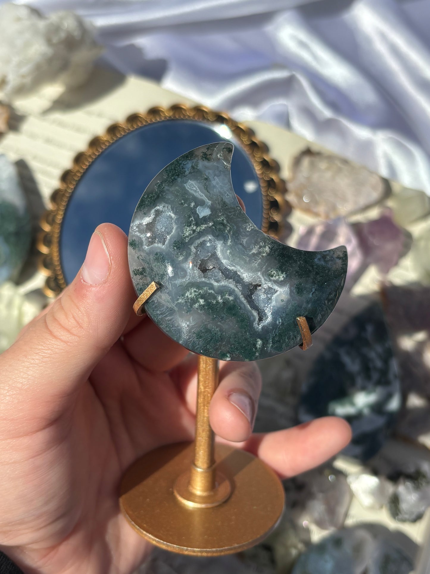 Druzy Moss Agate Moon On Stand