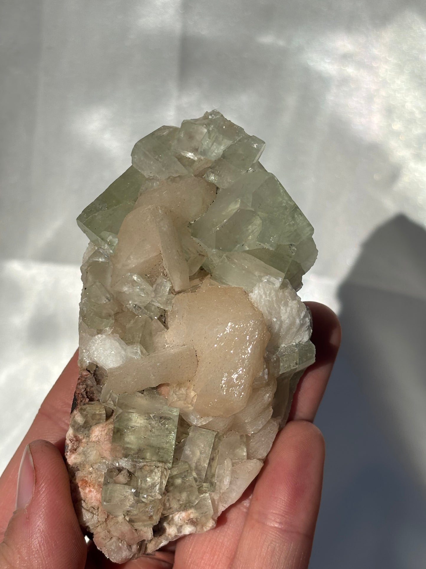 Green Apophyllite Cluster With Peach Stilbite