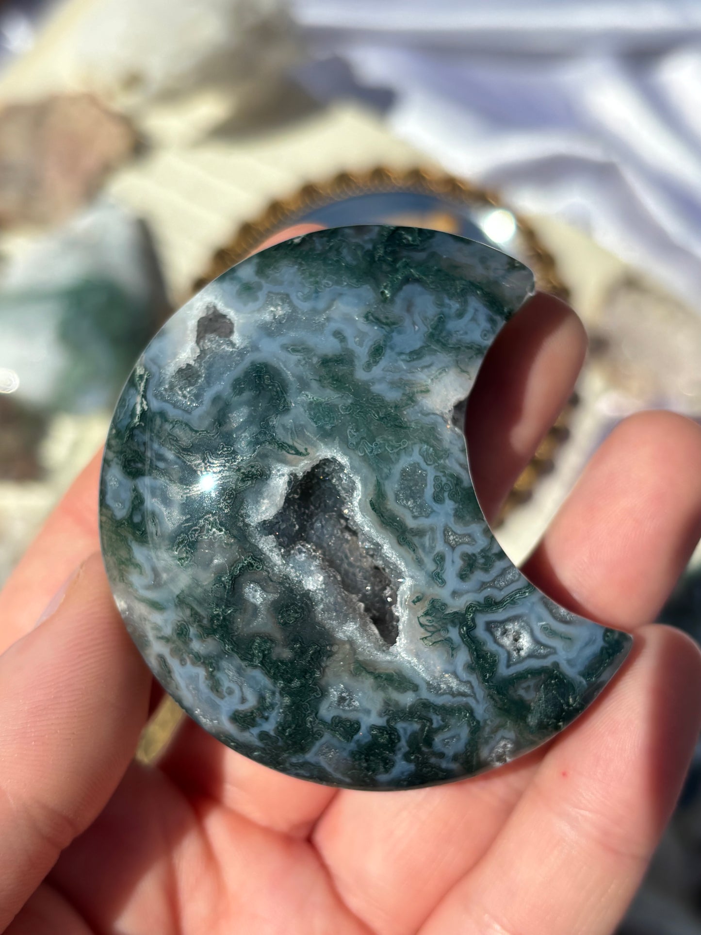 Druzy Moss Agate Moon On Stand