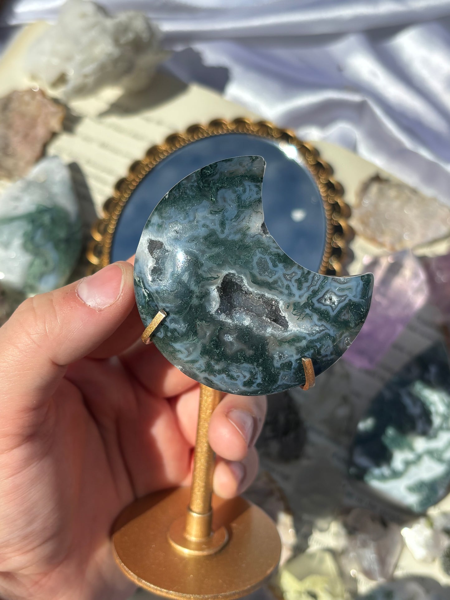 Druzy Moss Agate Moon On Stand