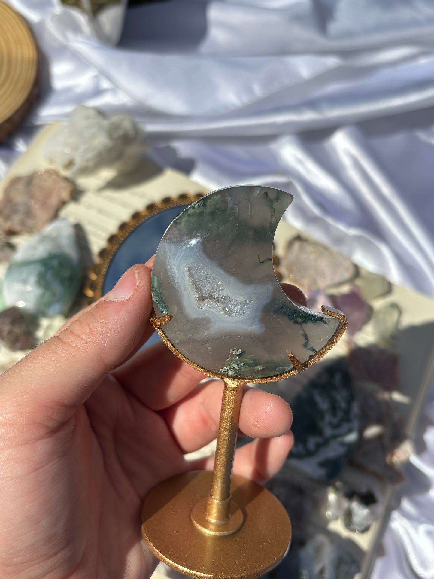 Druzy Moss Agate Moon On Stand