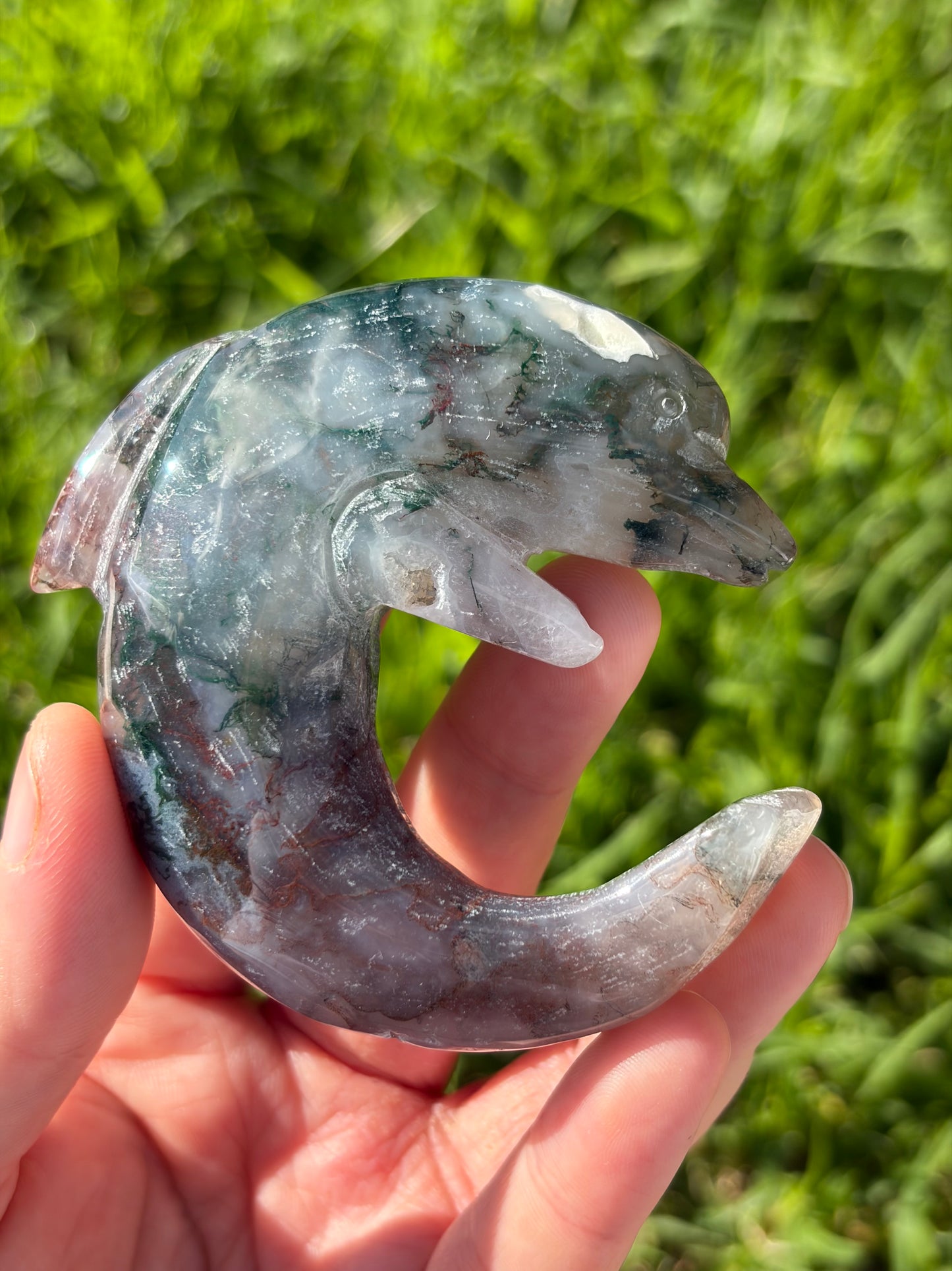 Moss Agate Dolphin Carving
