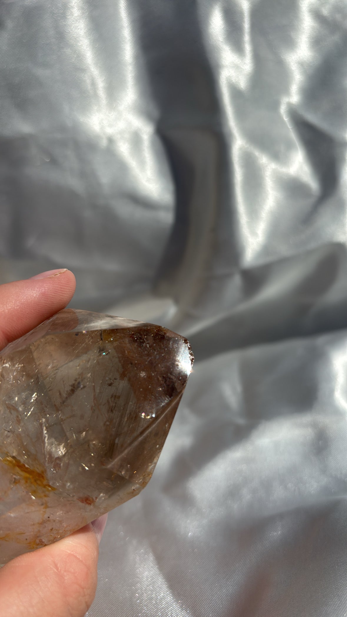 Clear Quartz Tower With Golden Healer And Smokey Quartz Inclusions (Discounted Due to Chipped Tip)