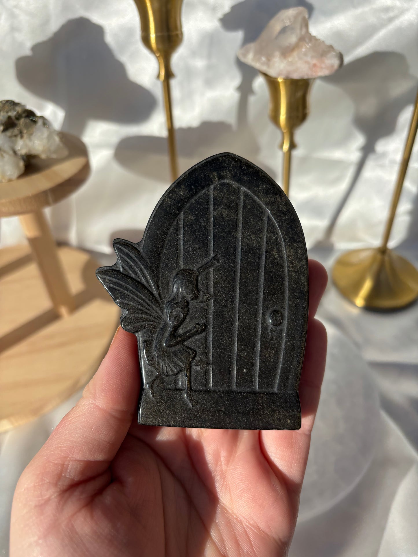 Gold Sheen Obsidian Fairy Door Carving