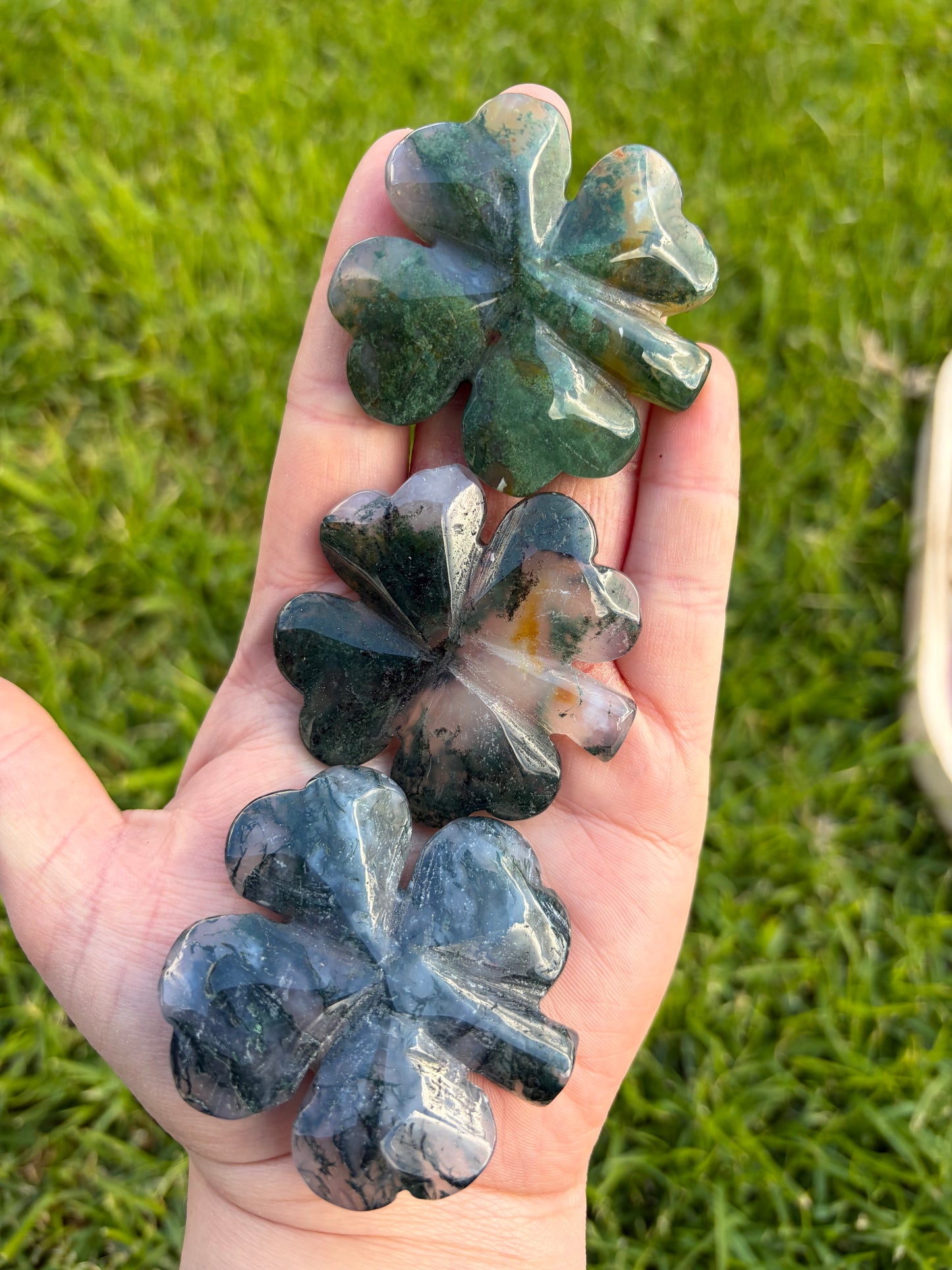 Moss Agate Clover Leaf Carving