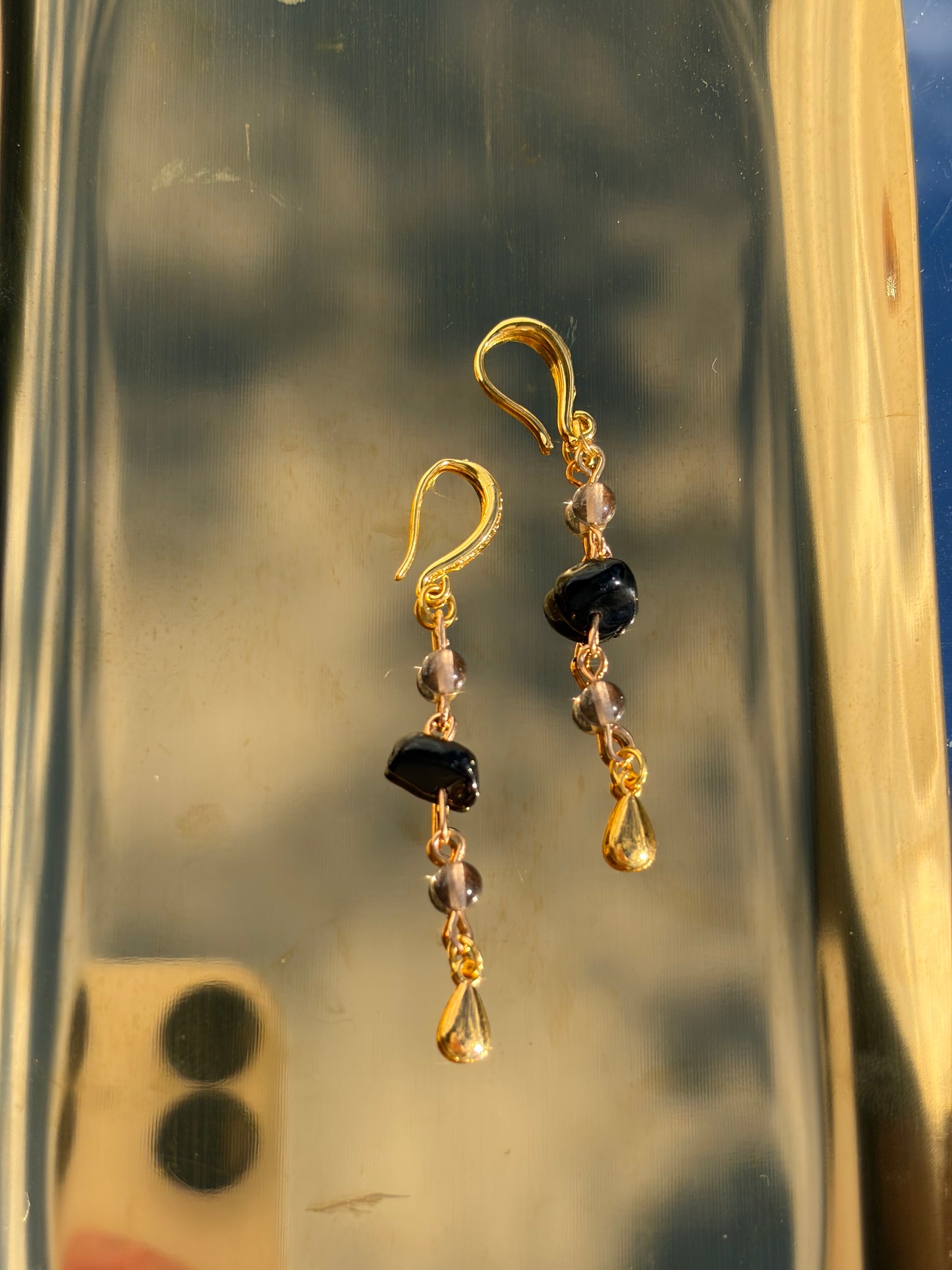 Gold Smokey Quartz And Black Obsidian Earrings