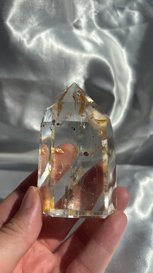 Clear Quartz With Golden Healer Inclusions With Green Tourmaline