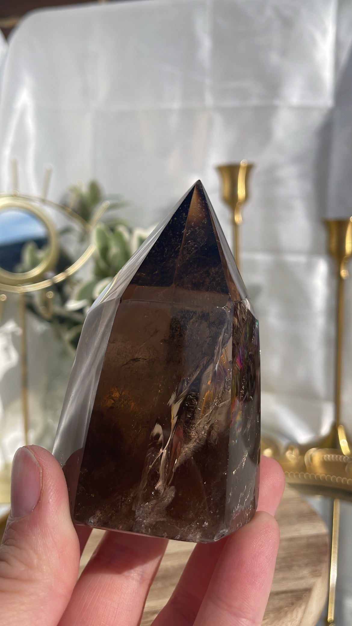 Smokey Quartz Tower With Rainbows