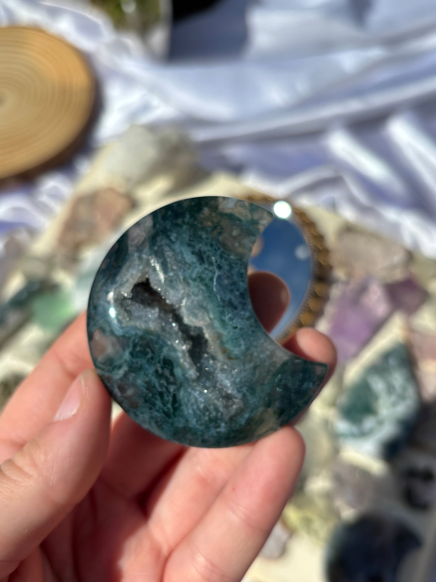 Druzy Moss Agate Moon On Stand
