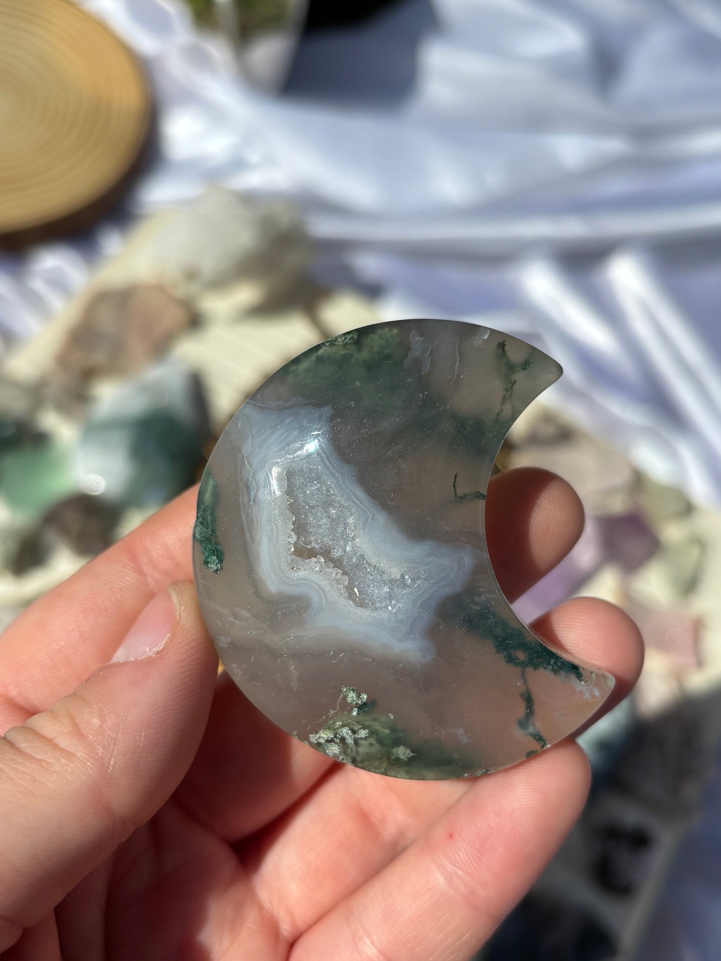 Druzy Moss Agate Moon On Stand