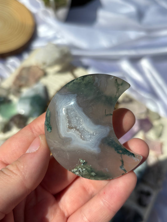 Druzy Moss Agate Moon On Stand