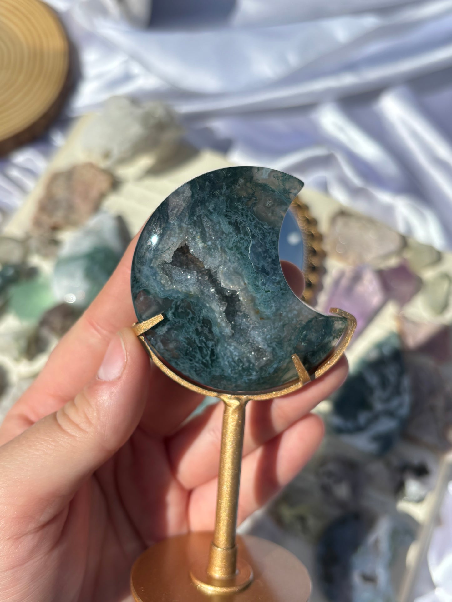 Druzy Moss Agate Moon On Stand